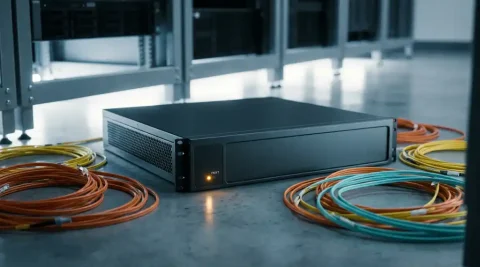 Uitgeschakelde enterprise router op serverroomvloer met losse glasvezelkabels en een zwak brandend oranje waarschuwingslampje.