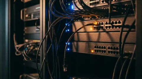 Loshangende netwerkkabel tussen fiber optic switches in donkere serverruimte, verlicht door amber waarschuwingslicht.