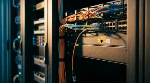 Serverrack in datacenter met gebundelde glasvezelkabels, één losgekoppelde kabel en een amber waarschuwingslampje op het switchpaneel.