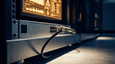 Doorgesneden glasvezelkabel losgetrokken uit een rack-mounted netwerkswitch in serverruimte met oranje waarschuwingsdashboard op achtergrond.