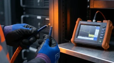 Gehandschoende handen houden een gebroken glasvezelkabel vast met gloeiend breukpunt, OTDR-testapparaat op metalen oppervlak op de achtergrond.