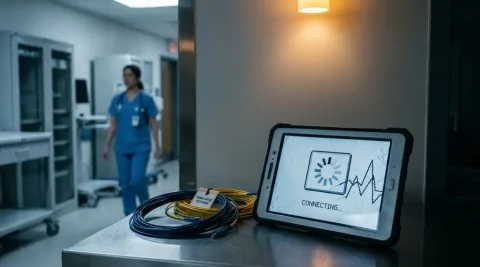 Medische tablet met bevroren laadscherm op verpleegpost, met gecoilde glasvezelkabels op de achtergrond in een ziekenhuisgang.