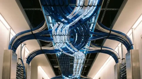 Glasvezelkabels in ziekenhuisplafond met blauw-wit licht, symmetrisch vertakt naar klinisch witte wanden en enterprise patchpanelen.