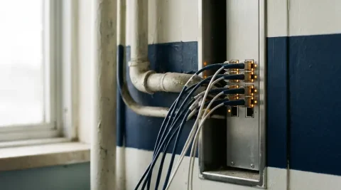 Glasvezelkabels en netwerkswitch geïntegreerd in wandpaneel van ziekenhuisgang, moderne connectoren door bestaande kabelgoten.