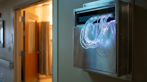 Glasvezelkabel aangesloten op netwerk-switch in ziekenhuisgang, met blauw omgevingslicht en warme gloed vanuit patiëntenkamer.
