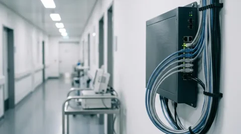 Managed netwerkswitch met gekleurde ethernetkabels op witte ziekenhuismuur, klinische gang op de achtergrond.