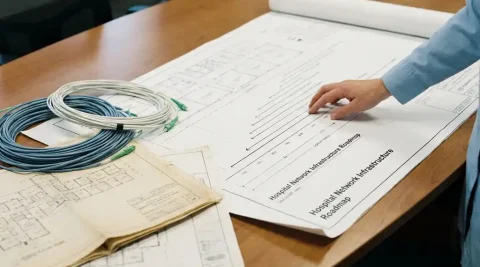 Hand die een meerjarige netwerkinfrastructuur roadmap volgt op een ziekenhuistafel, naast glasvezelkabels en plattegronden.