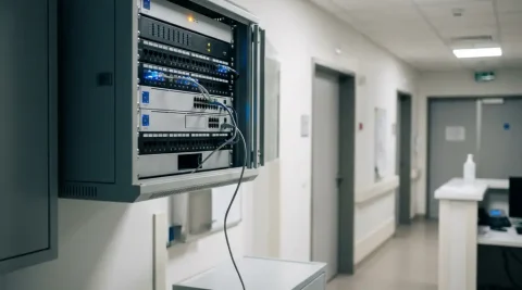 Ziekenhuisnetwerkkast in witte gang met blauwe verbindingslampjes en één losse ethernetkabel, amber waarschuwingslicht zichtbaar.