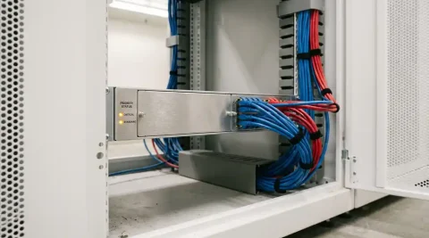 Ziekenhuisnetwerkswitch met gloeiende prioriteitsindicatoren in serverrack, kleurgecodeerde ethernet­kabels voor kritieke en standaard verbindingen.