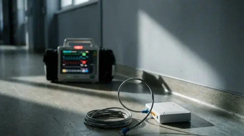 Losgekoppelde ethernetkabel hangt van een router op de vloer van een ziekenhuisgang, met een vitaaltekenmonitor op de achtergrond.