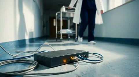Losgekoppelde netwerkrouter met knipperend amber waarschuwingslicht op de vloer van een ziekenhuisgang, verpleegkundige op de achtergrond.