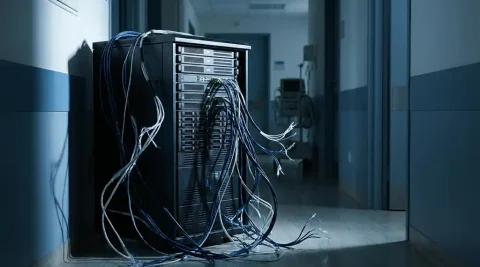 Medische dataserver in ziekenhuisgang met loszittende glasvezelkabels, dramatische zijverlichting en diepe schaduwen.